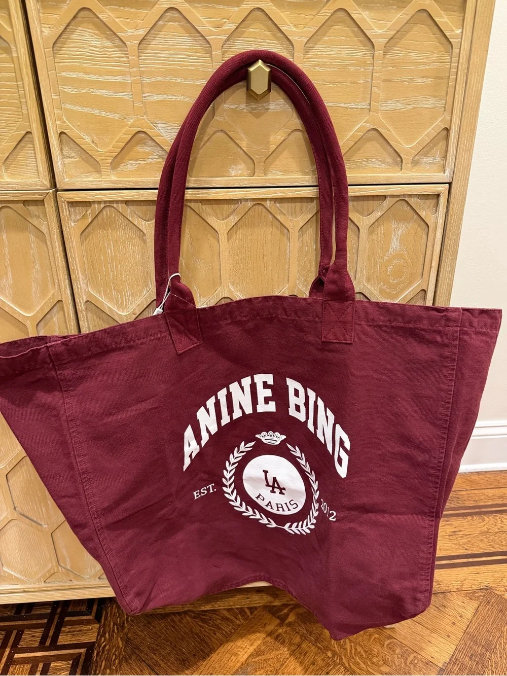 ANINE BING Leo Collegiate Canvas Tote – Burgundy – NWT